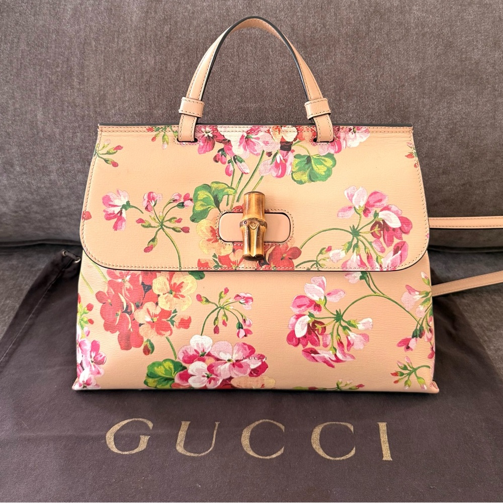 Gucci authentic top handle bag blooms pattern pink leather medium w strap